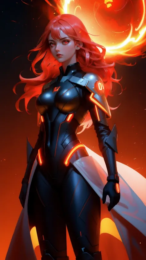 Imagine an image of a young woman enveloped in a dazzling display of fire, standing heroically on a digital grid floor. She is clad in a futuristic suit that glows with vibrant red and golden hues, accentuated by circular light panels that radiate an inten...