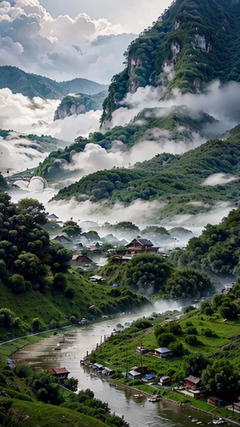 A green mountains shrouded in thick translucent fog, lightning illuminating the peaks, a raging river carving through the valley below, a small barrio of NIPA huts to the hillside. HEAVY RAIN AND STRONG WIND on the scene, REALISTIC, HIGHLY DETAILED RENDER,...