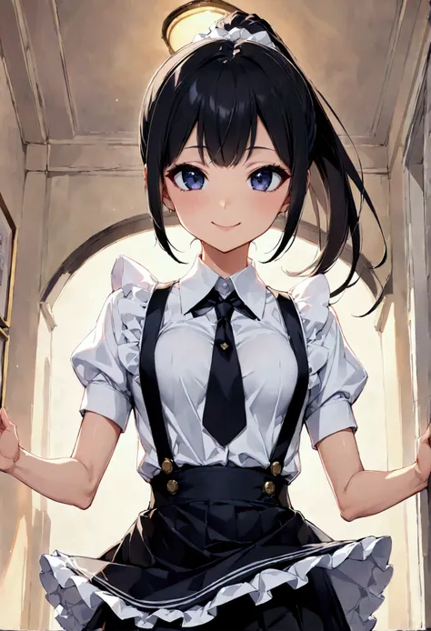 高いquality illustration, masterpiece, Very delicate and beautiful, Slender body, Anime Style, Beautiful Eyes, masterpiece, Highest quality, High resolution, Very detailed, Perfect lighting、Very young、1 female、smile、Black Hair、Bobcut、maid、I can see your pant...