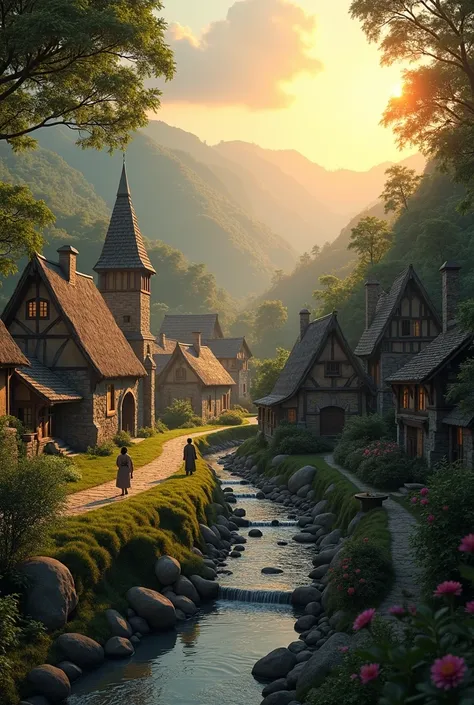 medieval village, magical, in the morning dawn, Natur, warm light photorealistic