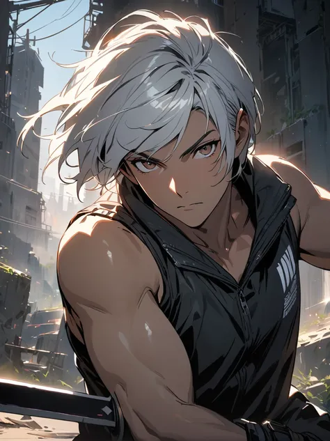 (best quality),(masterpiece, sidelighting, finely detailed beautiful eyes:1.2),(1boy:1.5),(solo),delicate portrait,ultra-detailed,one glowing right eye,shiny hair,lustrous skin,(grey white hair:1.5),short hair,(brown eyes:1.3),black windbreaker,(sleeveless...