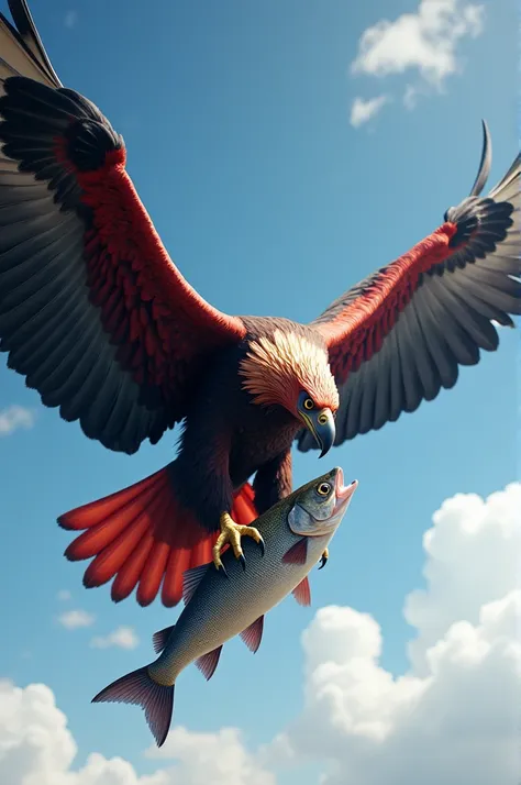 A giant red eagle spread its wings, holding a large fish on its legs.