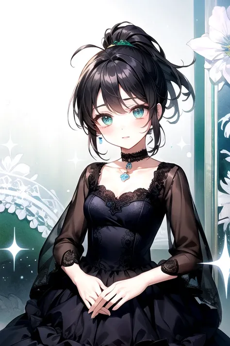 (Highest quality)、(Highest quality)、cute、(choker).eyes are emerald、(ponytail)、(Black Hair)、(cuteドレス).(Lace dress).