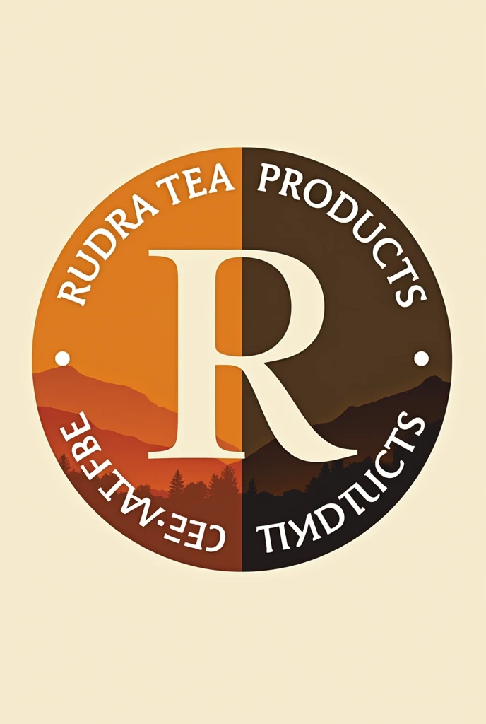 Create a circular logo with R in the middle of circle.R should  be in white colour.inside Circle and outside of R should be filled with half orange and half brown. Inside corners of circle write RUDRA TEA PRODUCTS