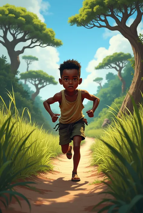 An African boy running across bush