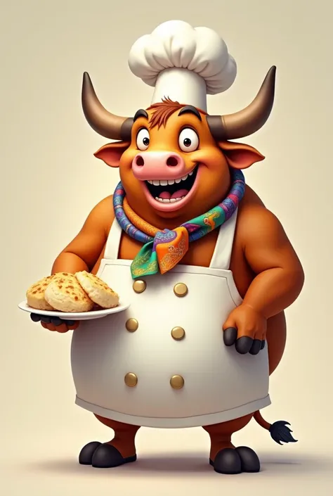 Funny fat chef bull cartoon smile with idly plate 

