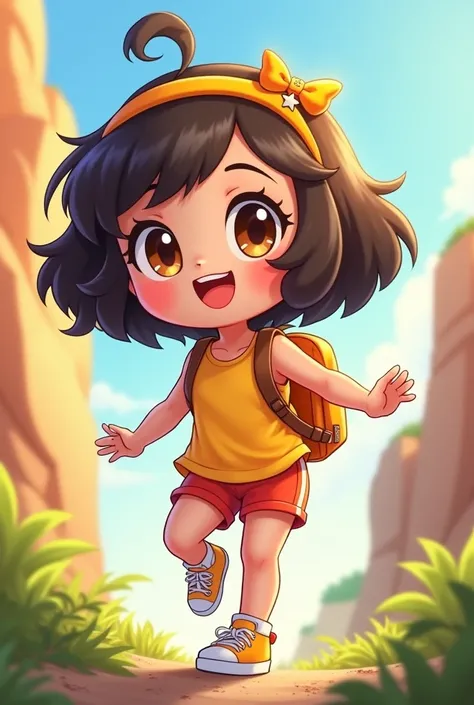 (Chibi character with a round face, large expressive eyes, and a playful bob hairstyle with a side-swept fringe. Wearing a bright-colored tank top, shorts or leggings, and sneakers. Accessories include a headband with a bow or star and a small backpack. Po...