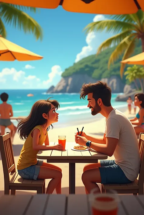 A Brazilian teenager on the beach with her father waiting for the food to arrive, They wait for the portion to arrive and call the employee to bring it, then the daughter tells her father " Dad, the woman is one-eyed, that&#39;s why she doesn&#39;t see us"...