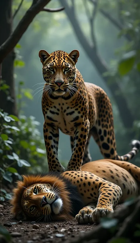 Leopard standing on a dead lion that it fought in a forest