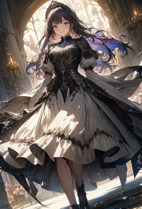 anime style、full body shot,a beautiful 1 woman、smile、 medieval fantasy inspiration, elegant maid with fine frock coat and long g...