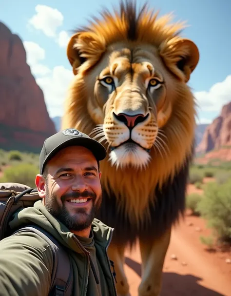 Man Selfie with smile gaint lion front of camera face 