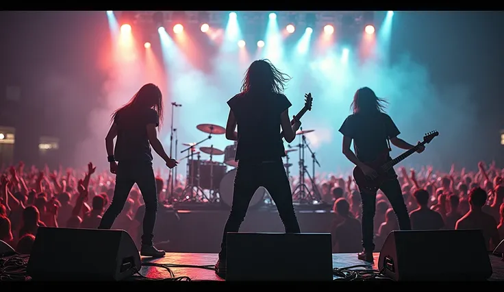 Thai metal rock band, playing the drum set, at a big concert