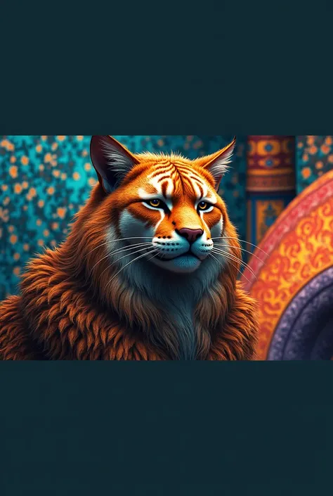 a large cat, detailed fur, detailed facial features, photorealistic, intricate pattern background, colorful, vibrant, digital art, 8k, hyper detailed, studio lighting, unreal engine, trending on artstation, highly detailed, 4k