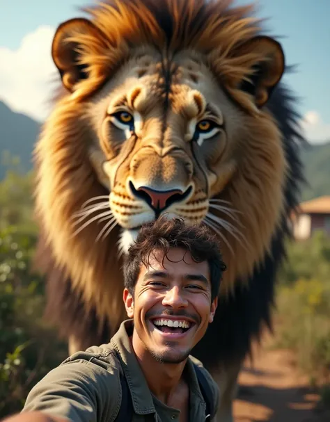 Man Selfie with smile gaint hyper realistic lion front of camera face 