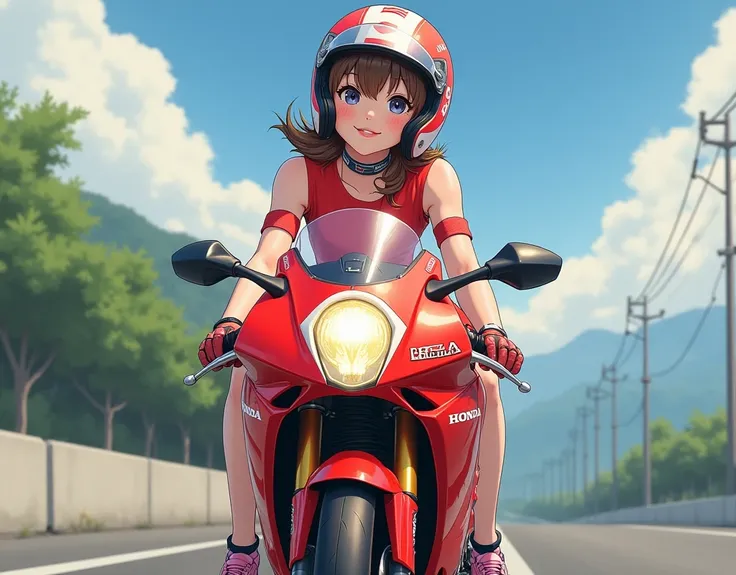 riding motor cycle made in Japan, red color 50 cc bike, Front view, solo  , Japanese girl , 20-age-old, (light brown hair,  middle hair, fringe, little lip, thin face, little smile, Helmet) ,(Japanese race Queen fashion red tank-top,  red miniskirt , (Tank...