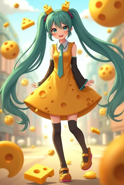 Miku wearing a cheese themed outfit 