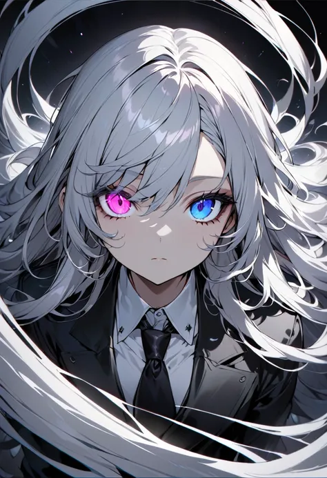 (Highest quality), (High resolution), (masterpiece), (Very detailed), (One Woman), (Silver Hair, Long Hair, Heterochromia iridis, Blue right eye, Purple left eye, Odd Eye, Glowing Eyes, Expressionless, low length, Small breasts, Young), (Black long coat, W...