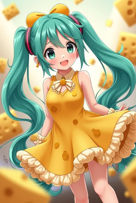 Miku wearing a cheese themed outfit 