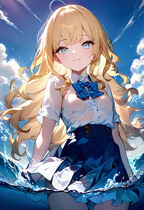 (8k, Highest quality, masterpiece: 1.2), Ultra-high resolution, 1 person, cute, Small breasts, solo, Highly detailed face, School Uniform, White blouse, Waiter Skirt, Calm skirt, Medium, Blonde, Blue Eyes, Ocean, Rough seas, Wavy, Water Play, splash, Child...