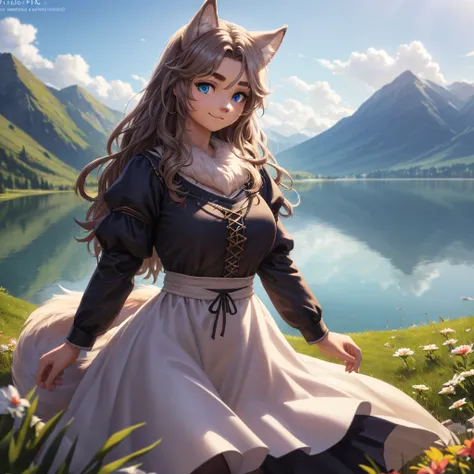 a girl in a fluffy white dress, large bust, fluffy tail, unfurling skirt, looking at camera with sparkling deep blue eyes, round eyebrows, Soft smile, standing on a hill overlooking a lake, wolf-like features including furry ears and feet, long wavy hair, ...