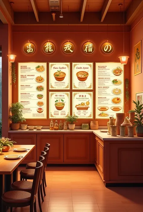 Clay Pot Noodle Shop，Wall menu bar，Size Height 90cm Length 260cm，The overall color is mainly light，Internet celebrity wind，Leaning towards orange，Chinese