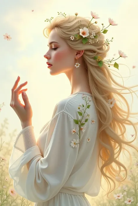 Masterpiece, Highest quality, best quality, official art, beautiful and beautiful:1.2), very detailed. 1 woman, long blonde hair, Flowers and leaves are tangled in her hair., Shades of white and yellow, Wearing a white shirt, Thrilling details, Pastel colo...