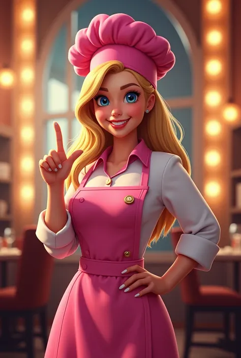 long haired american young woman, blonde hair, Pink and white chef costume, Chef hat, bright smile, A confident look, One hand is on his waist and the other hand holds out one index finger.. The background is the bright lights of a fancy restaurant.. SD ch...