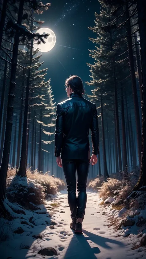 High resolution　male　Light clothing　Back view　Sea of Trees　midnight　moonlight　