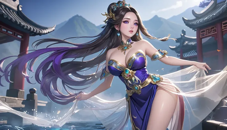 high quality,HD,16K,Sharp Line,1 Girl,fantasy, （Fire and Ice Spirits）,Pretty Face, Large Breasts, Beautiful legs,In the water,Focus Girl,detailed Pretty Face,Detailed clothes,beautiful eyes,Cool,Sexy,Dynamic Angle,穿着华服的神明Strike a pose拍照, Ancient mysterious...