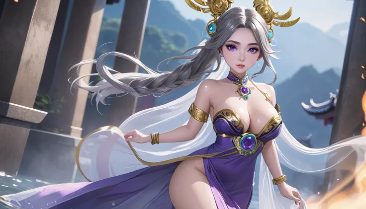 high quality,HD,16K,Sharp Line,1 Girl,fantasy, （Fire and Ice Spirits）,Pretty Face, Large Breasts, Beautiful legs,In the water,Focus Girl,detailed Pretty Face,Detailed clothes,beautiful eyes,Cool,Sexy,Dynamic Angle,穿着华服的神明Strike a pose拍照, Ancient mysterious...