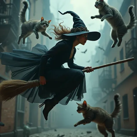 A beautiful witch in a hat flies on a broomstick, crashed into two striped ones, cunning cats, cats jump on the witch, There was an accident, Gothic style, realistic style