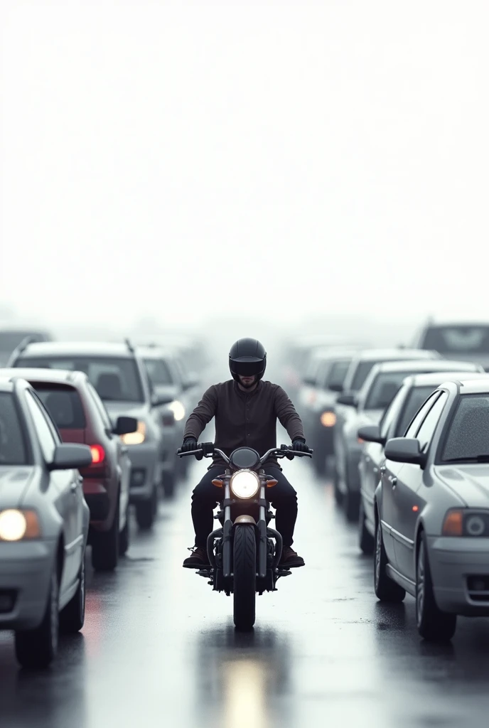 Man stucked in traffic with motor bike 
white background with more cars


