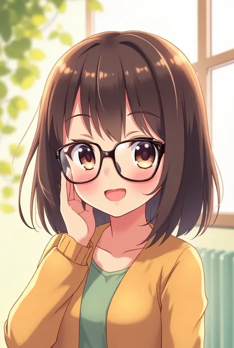 anime, girl with glasses, friendly.