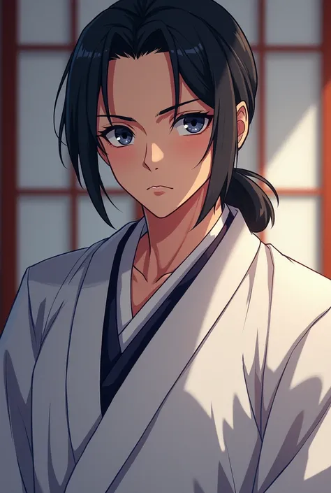 Please create a refreshing, handsome samurai wearing a hakama in an anime style. Only from the chest up, please.