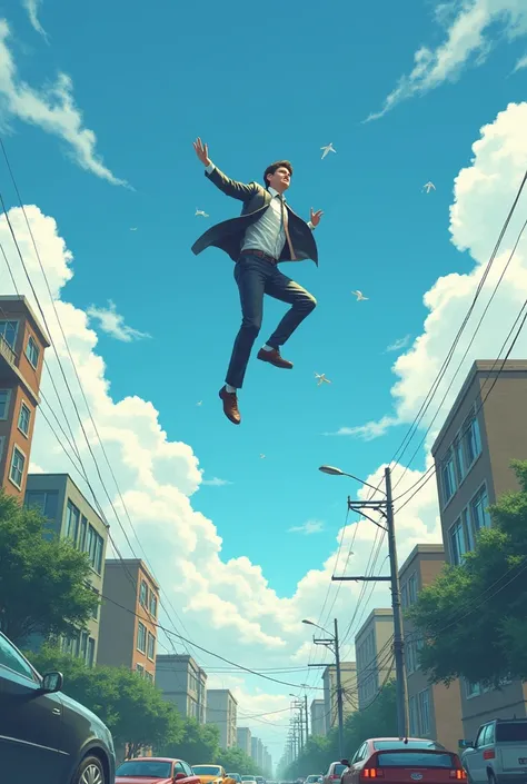 young office worker male、get into a traffic accident、Hit by a car、The person being thrown high into the sky、An illustration、Different world、The lower half of the body disappears、The sky doesn&#39;t fly