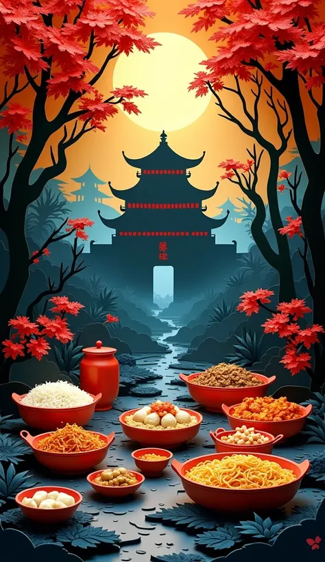 3D Paper cut art, super detailed, kirigami, a paper cut demonstrates some chinese food dishes, in the background are trees and the silhouette of an ancient chinese house, dark background, mystery scary atmosphere, deep blue and yellow background, no red