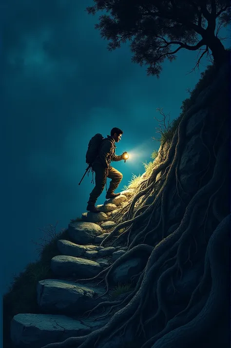 A steep, rugged hillside at night, with Arjun carefully making his way up. The path is rocky and difficult, with twisted tree roots and jagged stones. The sky is dark and foreboding, with only the light from Arjun’s flashlight illuminating his determined f...