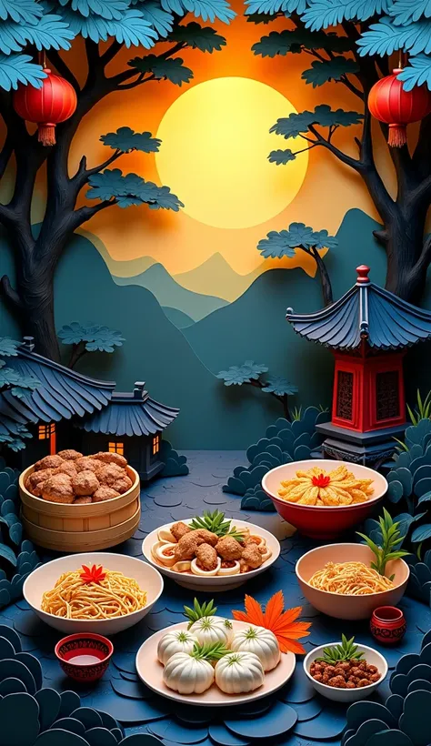 3D Paper cut art, super detailed, kirigami, a paper cut demonstrates some chinese food dishes, in the background are trees and the silhouette of an ancient chinese house, dark background, mystery scary atmosphere, deep blue and yellow background, no red