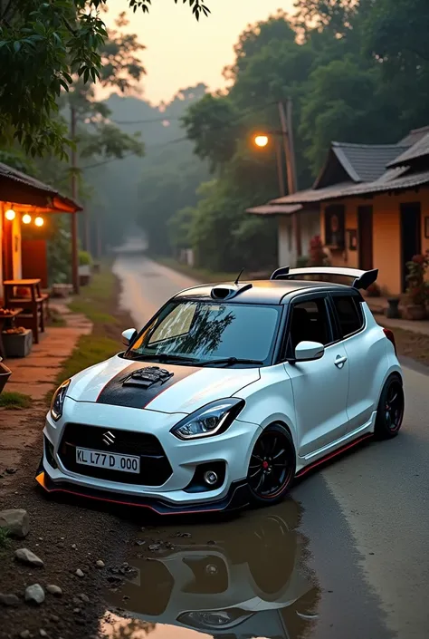 a maruthi suzuki swift white colour modified alloy lower body and black roof batman spoiler and . the car number plate is KL 77 D 000 and  village road a warm street light and a mudd road  evening and sunrise a pond in road side a small village tea shop 