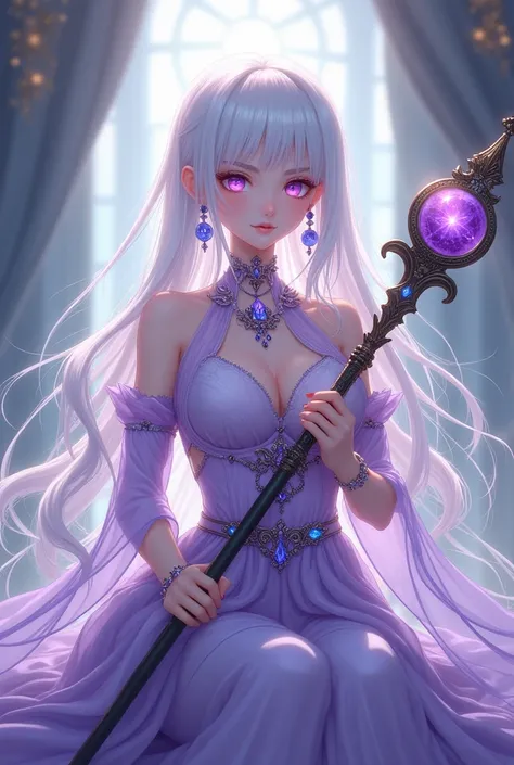 A very beautiful anime style girl super ultra HD 8k high quality resolution "A mystical female character with long, flowing white hair, sitting gracefully with a confident expression. She wears an ethereal, violet gown adorned with crystalline patterns and...