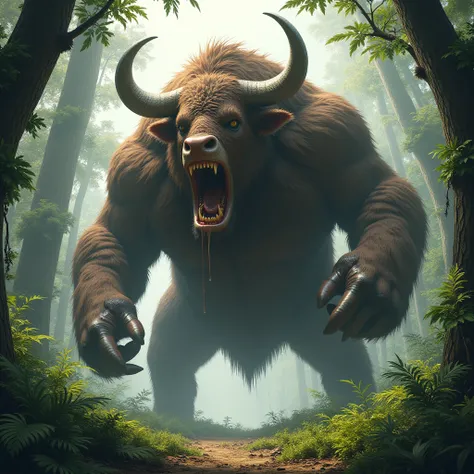 Show a huge cow animal in a forest with its mouth open in anger