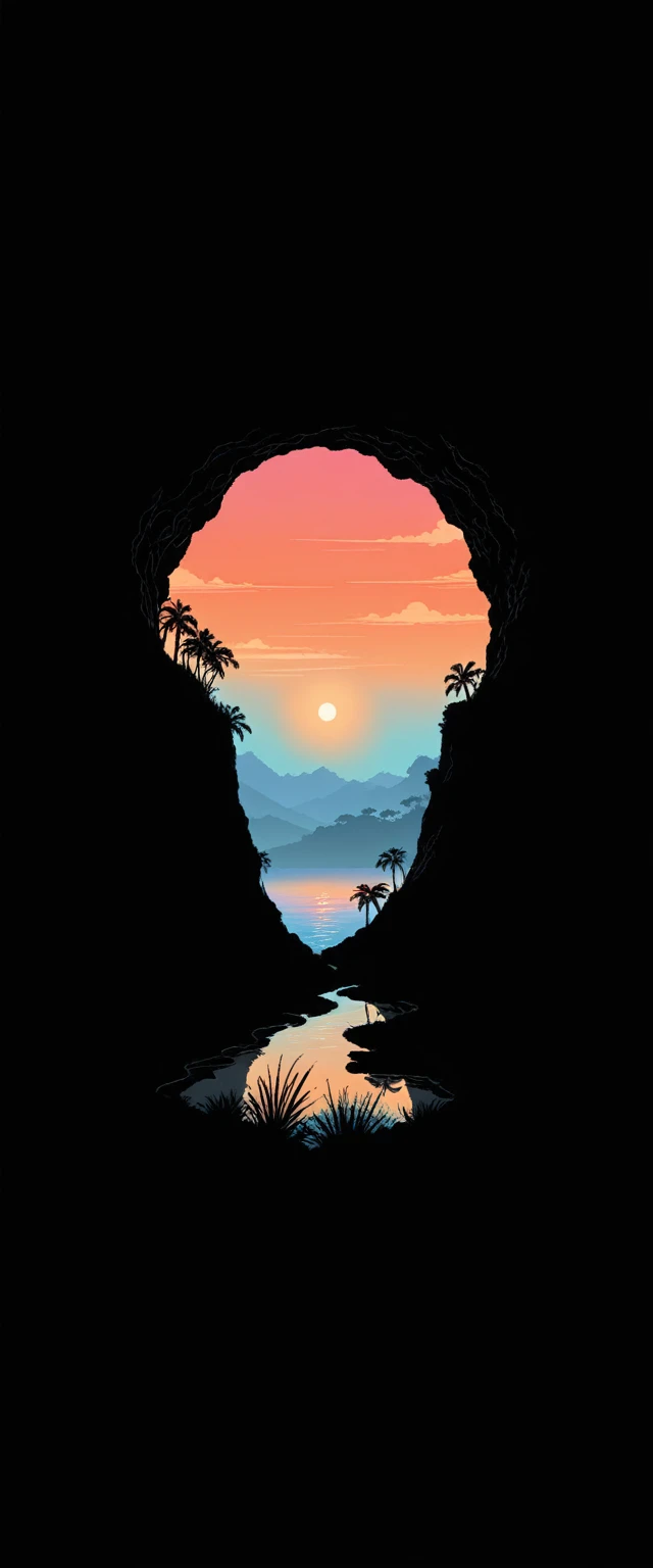 vibrant sunset, silhouettes of a layered cave, reflection in the sea, palms, natural landscapes, dark foreground, gradient sky o...