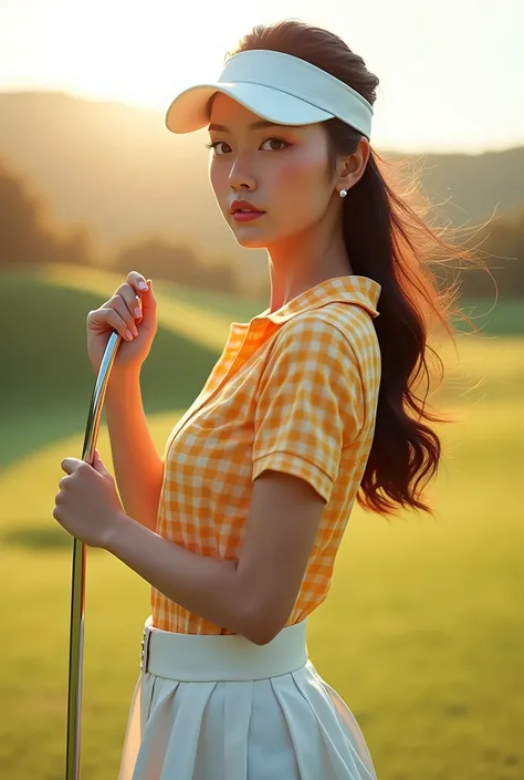 Jang Gyuri, A full-body shot one woman, dynamic angle, golf course, a narrow-spaced checkered pattern in orange and yellow golf t-shirts , white golf skirts, light tracing, getting white sun visor, in the foreground, (floating hair:1.1), hot sun, white cap...