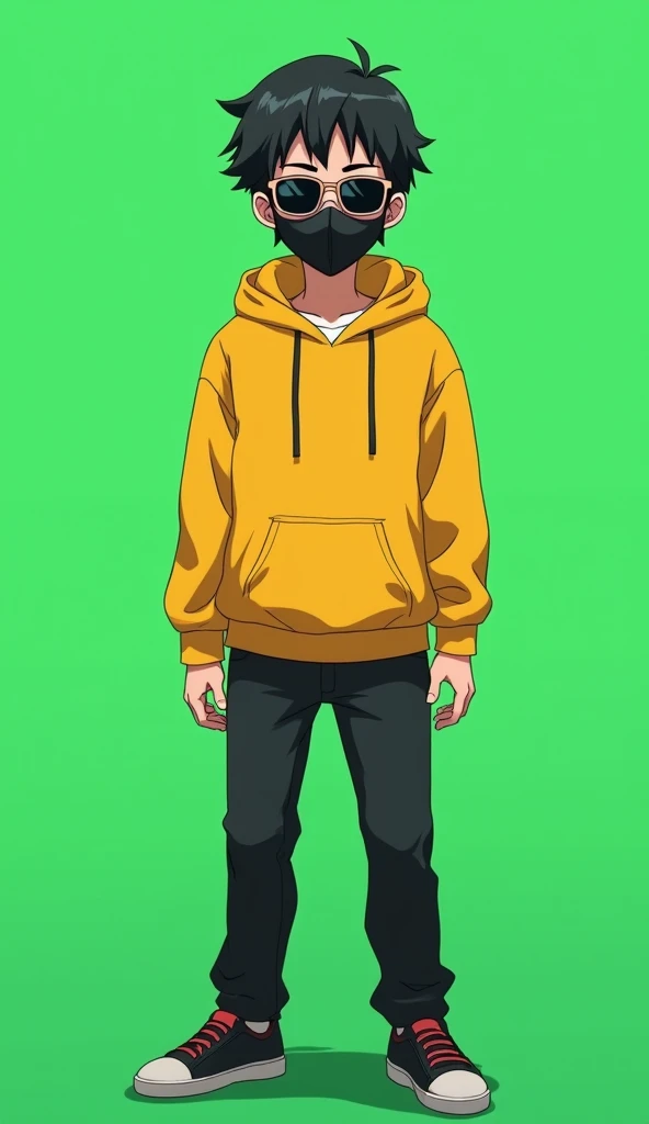 ANIME FRIENDLY LOOKING MALE BUSINESS CHARACTER WHO IS WEARING A BLACK FACE MASK, A YELLOW HOODIE AND SUNGLASSES. HE IS STANDING 5.9 FEET HEIGHT
BACKGROUND GREEN SCREEN