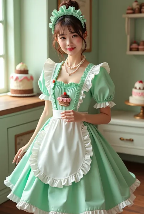 Mint green and white theme、Chocolate color as an accent color、A little bit of pink、Pastry chef style maid outfit、Chocolate mint cake design、It has a lot of frills、Full body view。