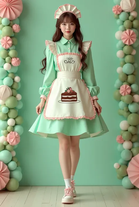 Mint green and white theme、Chocolate color as an accent color、A little bit of pink、Pastry chef style maid outfit、Chocolate mint cake design、It has a lot of frills、Full body view。