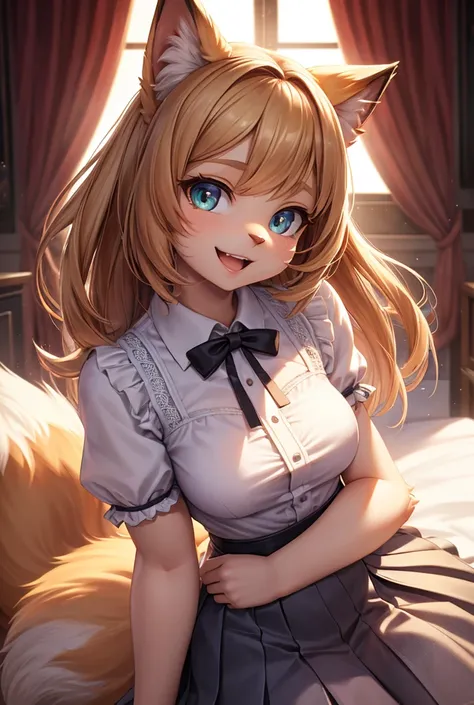 A cute anime-styled 3D woman with cat-like furry body and cat paws, the paw is on her chin, she is wearing a white color blouse and pleated skirt, with very long and fluffy fox tail, hairy limbs. Her beautiful detailed eyes, beautiful detailed lips, and ex...