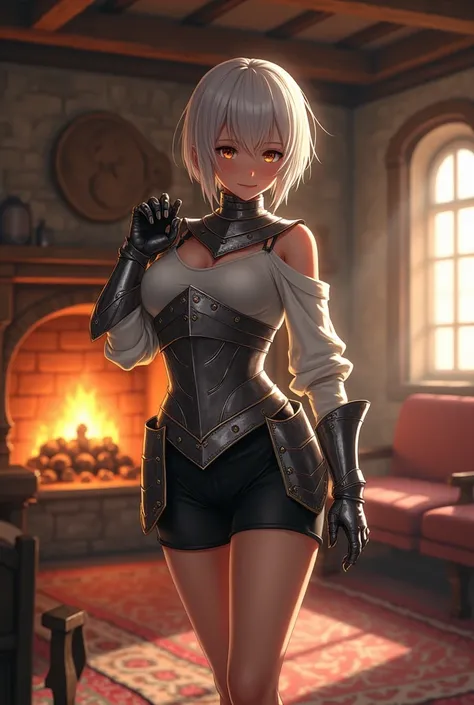 Anime girl brown skinned knight with short white hair taking off armour with white sleeveless sweater and black short shorts on in medieval inn room
