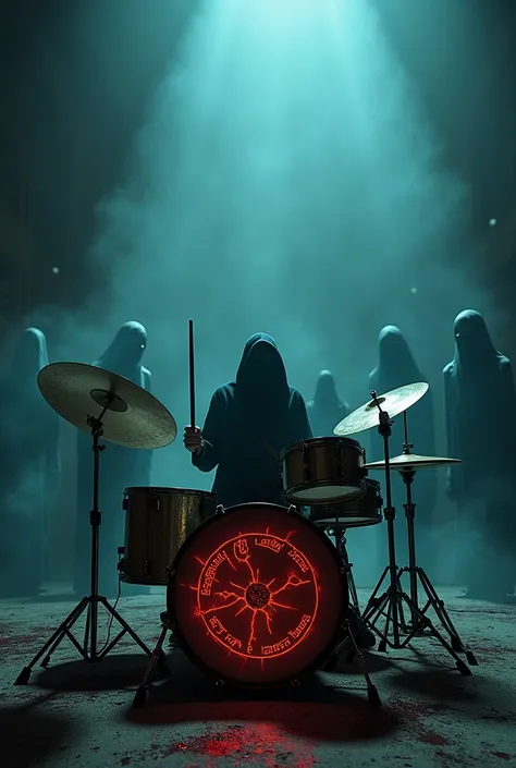 Haunted Drum Set Focus: Highlight a cursed drum set with glowing symbols or runes etched on the drums. The drumsticks can appear levitating, surrounded by eerie blue or red light. This cover emphasizes the supernatural aspect without showing the drummer, l...