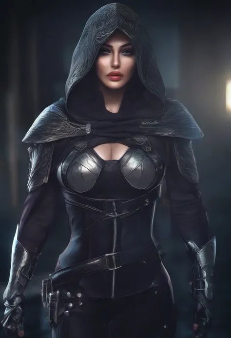 a busty female assassin, detailed face, beautiful eyes, long eyelashes, detailed lips, detailed facial features, intricate leather outfit, dark dramatic lighting, cinematic composition, moody atmosphere, dramatic lighting, dramatic shadows, muted color pal...